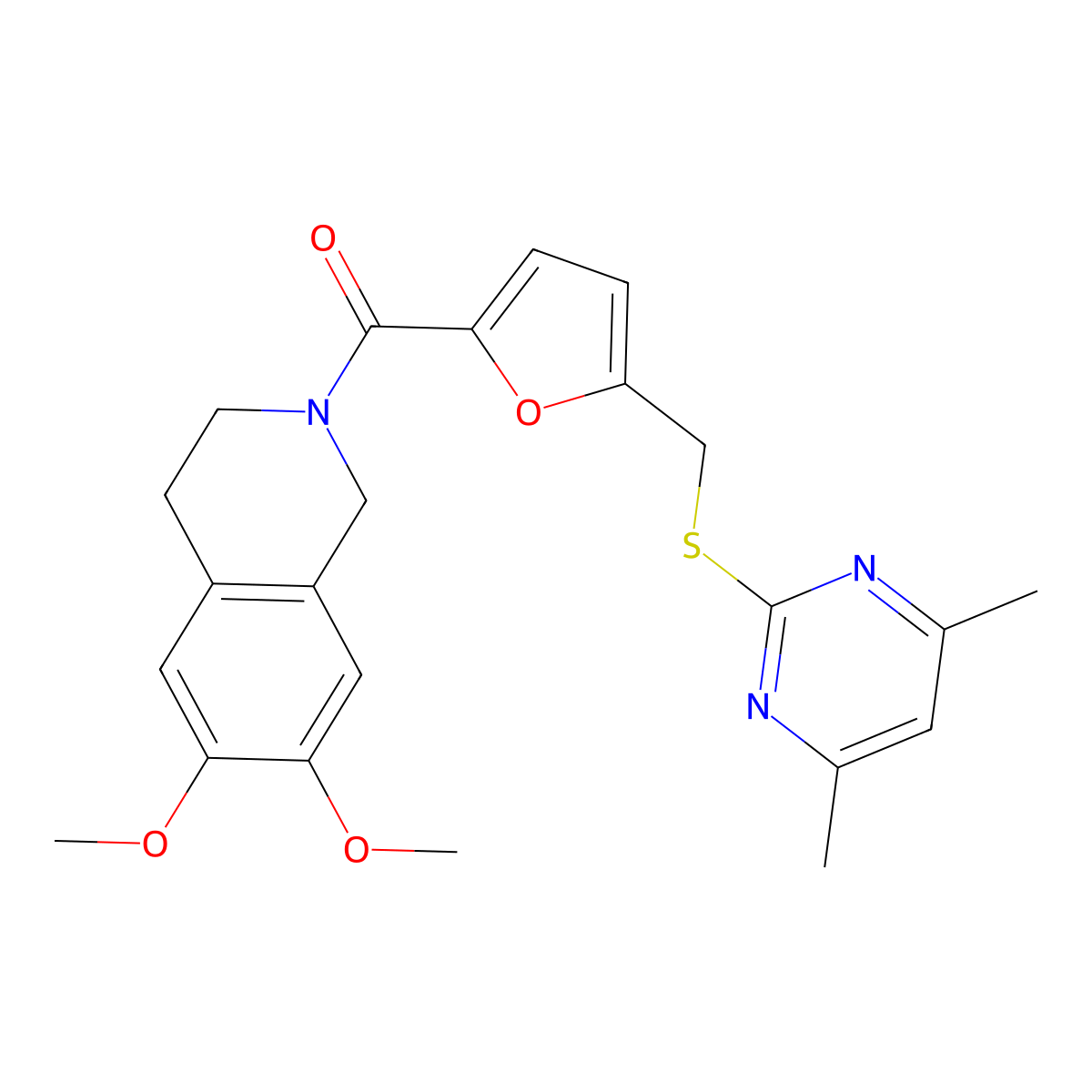 (6,7-dimethoxy-3,4-dihydroisoquinolin-2(1H)-yl)(5-{[(4,6-dimethylpyrimidin-2-yl)sulfanyl]methyl}furan-2-yl)methanone molecular structure, CAS 1401593-34-7