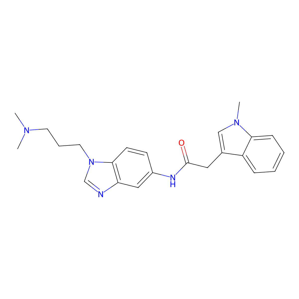 N-{1-[3-(dimethylamino)propyl]-1H-benzimidazol-5-yl}-2-(1-methyl-1H-indol-3-yl)acetamide molecular structure, CAS 1401593-60-9