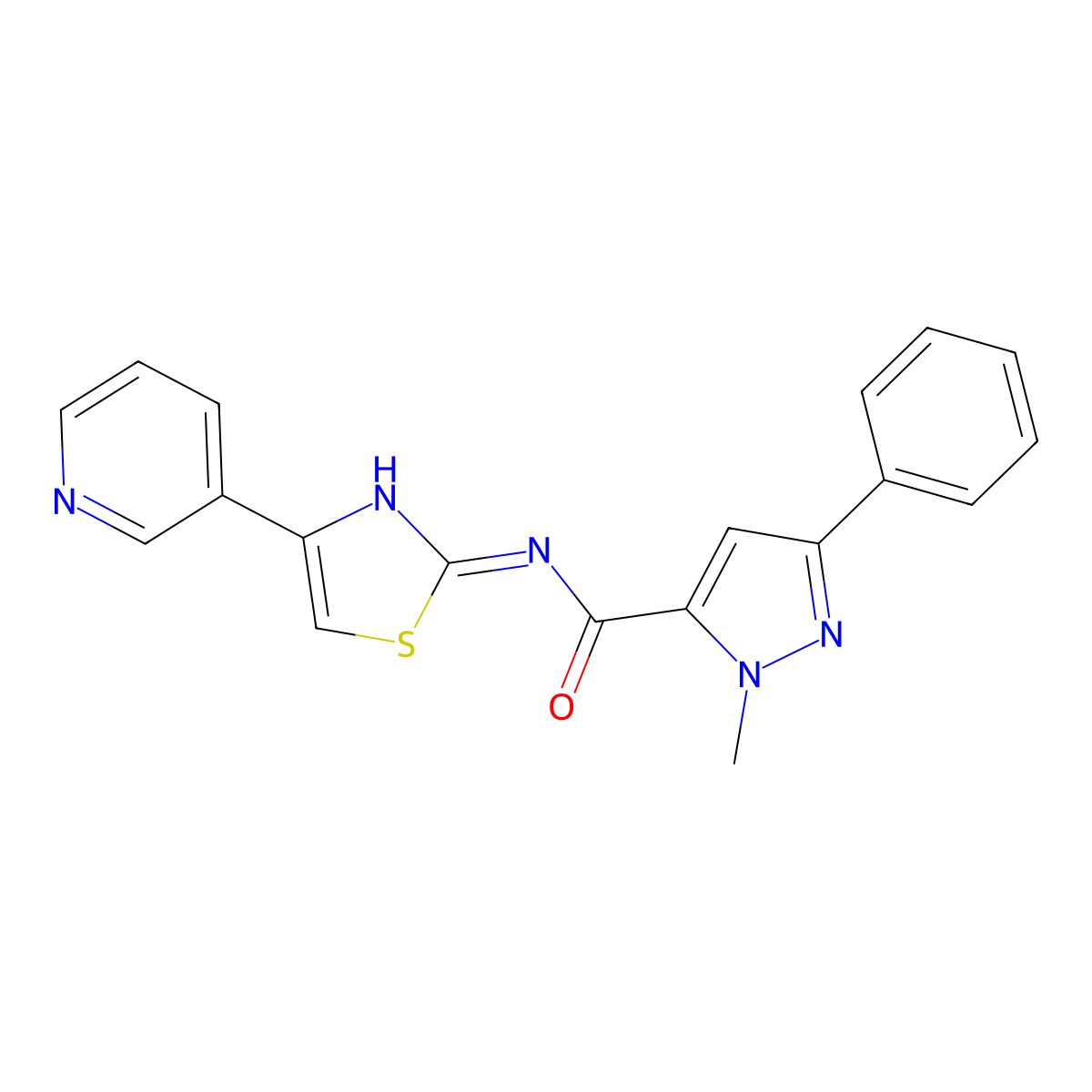 1-methyl-3-phenyl-N-(4-(pyridin-3-yl)thiazol-2-yl)-1H-pyrazole-5-carboxamide molecular structure, CAS 1401593-87-0
