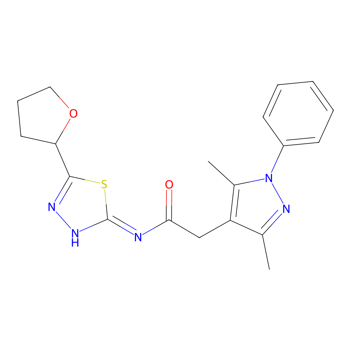 2-(3,5-dimethyl-1-phenyl-1H-pyrazol-4-yl)-N-(5-(tetrahydrofuran-2-yl)-1,3,4-thiadiazol-2-yl)acetamide molecular structure, CAS 1401594-30-6