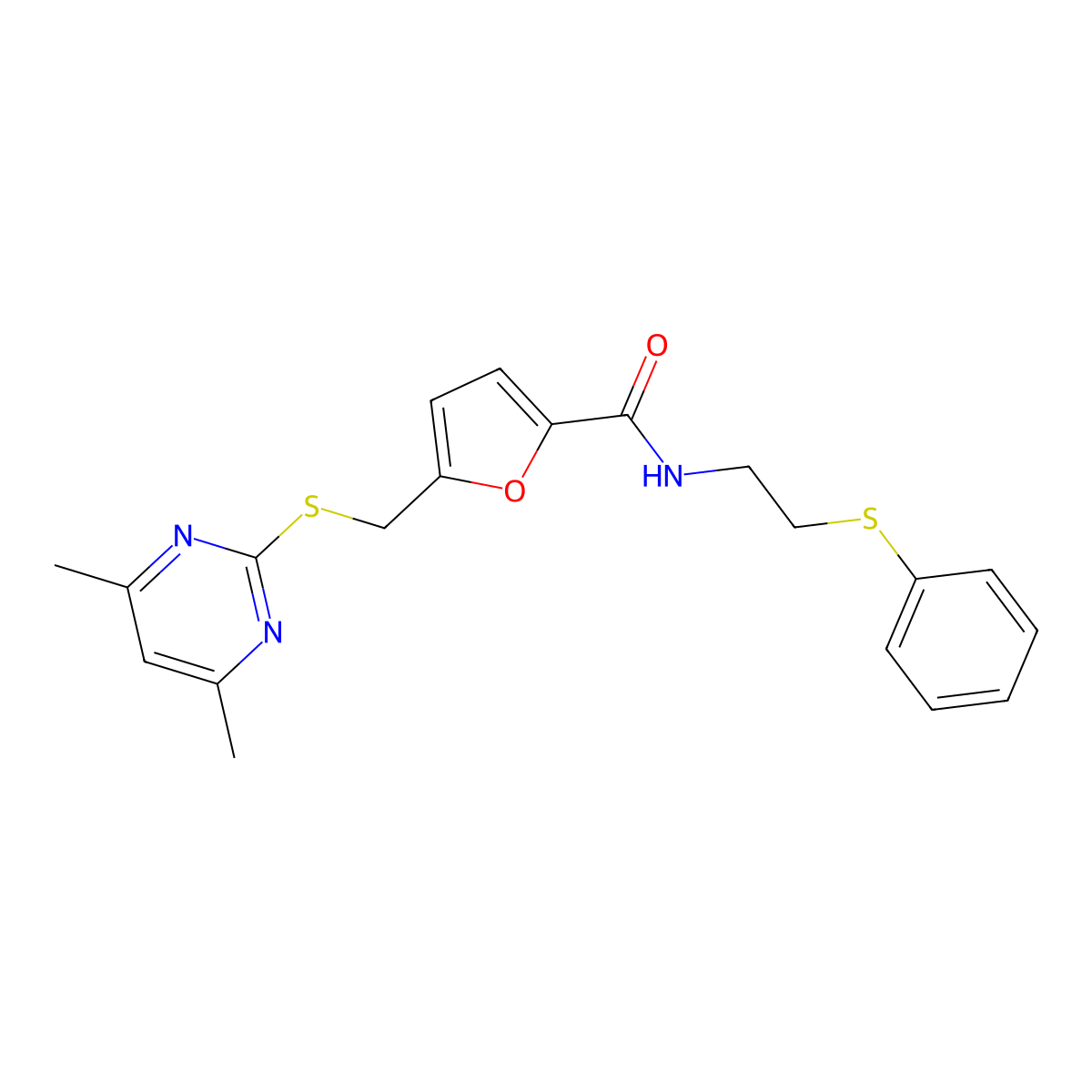 5-{[(4,6-dimethylpyrimidin-2-yl)sulfanyl]methyl}-N-[2-(phenylsulfanyl)ethyl]furan-2-carboxamide molecular structure, CAS 1401594-35-1