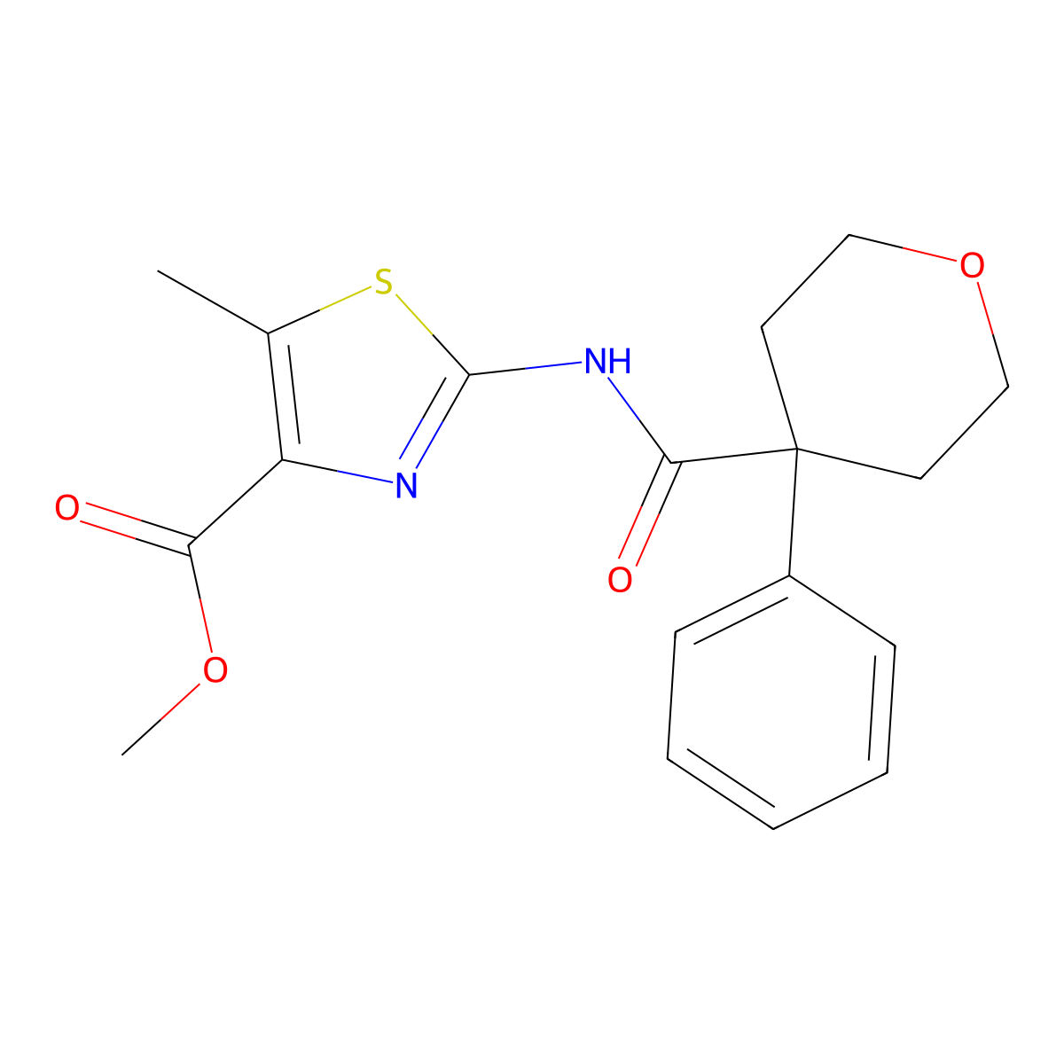 methyl 5-methyl-2-{[(4-phenyltetrahydro-2H-pyran-4-yl)carbonyl]amino}-1,3-thiazole-4-carboxylate molecular structure, CAS 1401594-51-1