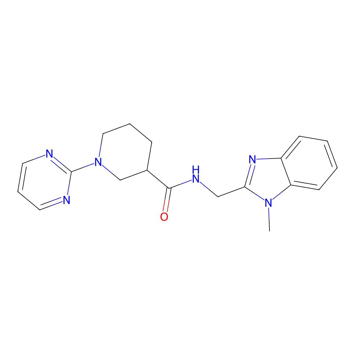 N-[(1-methyl-1H-1,3-benzimidazol-2-yl)methyl]-1-(2-pyrimidinyl)-3-piperidinecarboxamide molecular structure, CAS 1401595-22-9