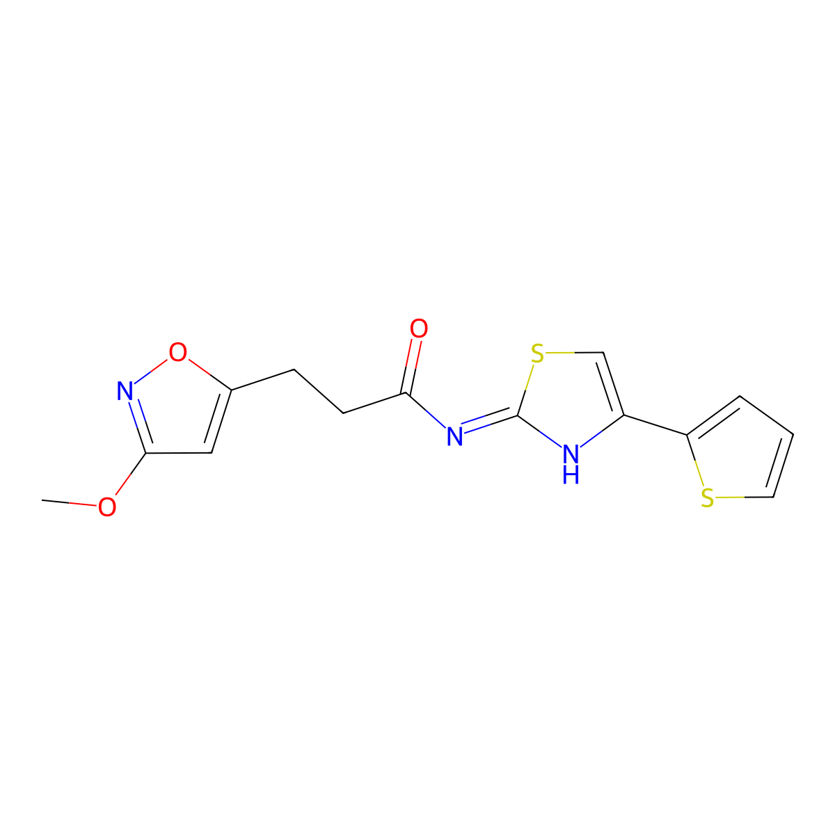 3-(3-methoxy-1,2-oxazol-5-yl)-N-[4-(thiophen-2-yl)-1,3-thiazol-2-yl]propanamide molecular structure, CAS 1401596-00-6