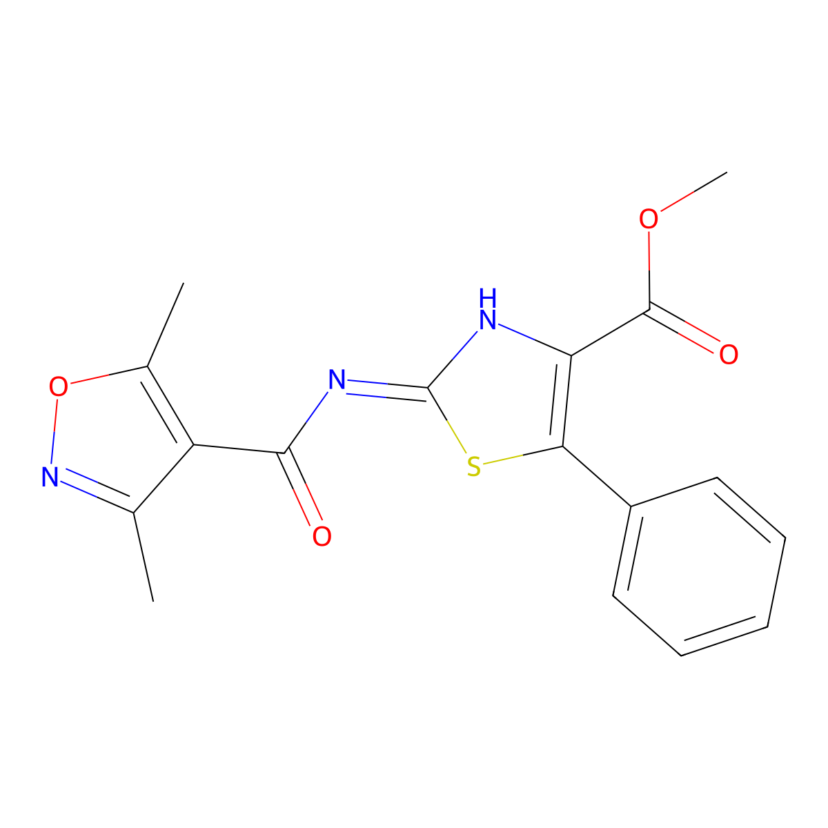 Methyl 2-{[(3,5-dimethyl-4-isoxazolyl)carbonyl]amino}-5-phenyl-1,3-thiazole-4-carboxylate molecular structure, CAS 1401596-35-7