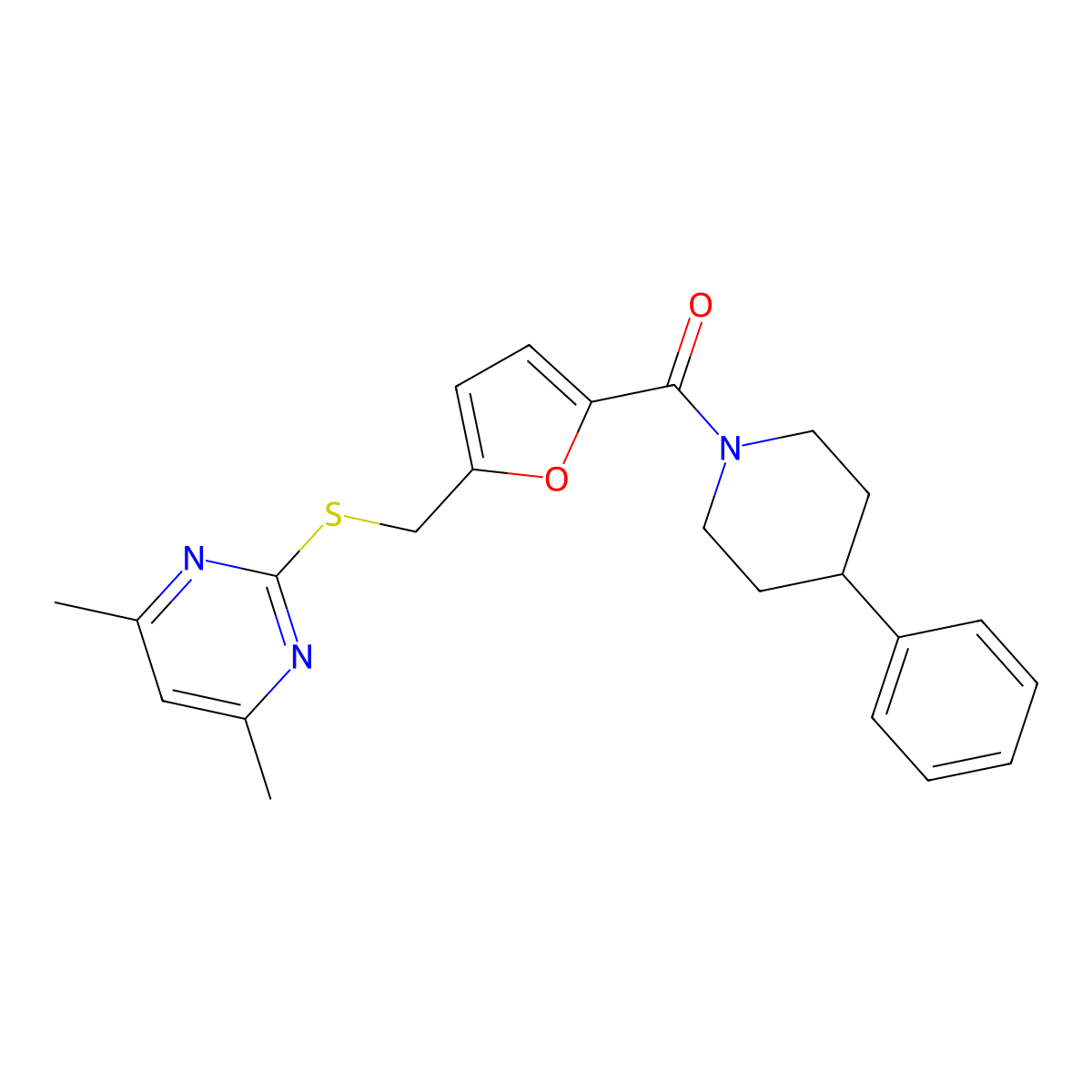 (5-{[(4,6-Dimethylpyrimidin-2-yl)sulfanyl]methyl}furan-2-yl)(4-phenylpiperidin-1-yl)methanone molecular structure, CAS 1401596-53-9