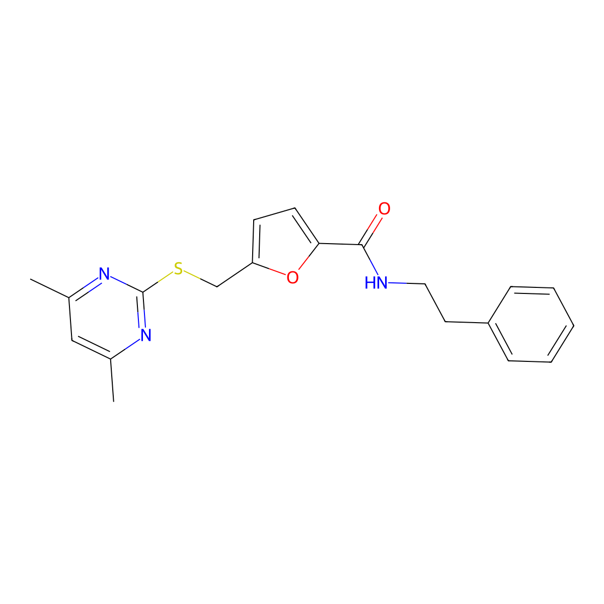 5-{[(4,6-dimethylpyrimidin-2-yl)sulfanyl]methyl}-N-(2-phenylethyl)furan-2-carboxamide molecular structure, CAS 1401596-68-6