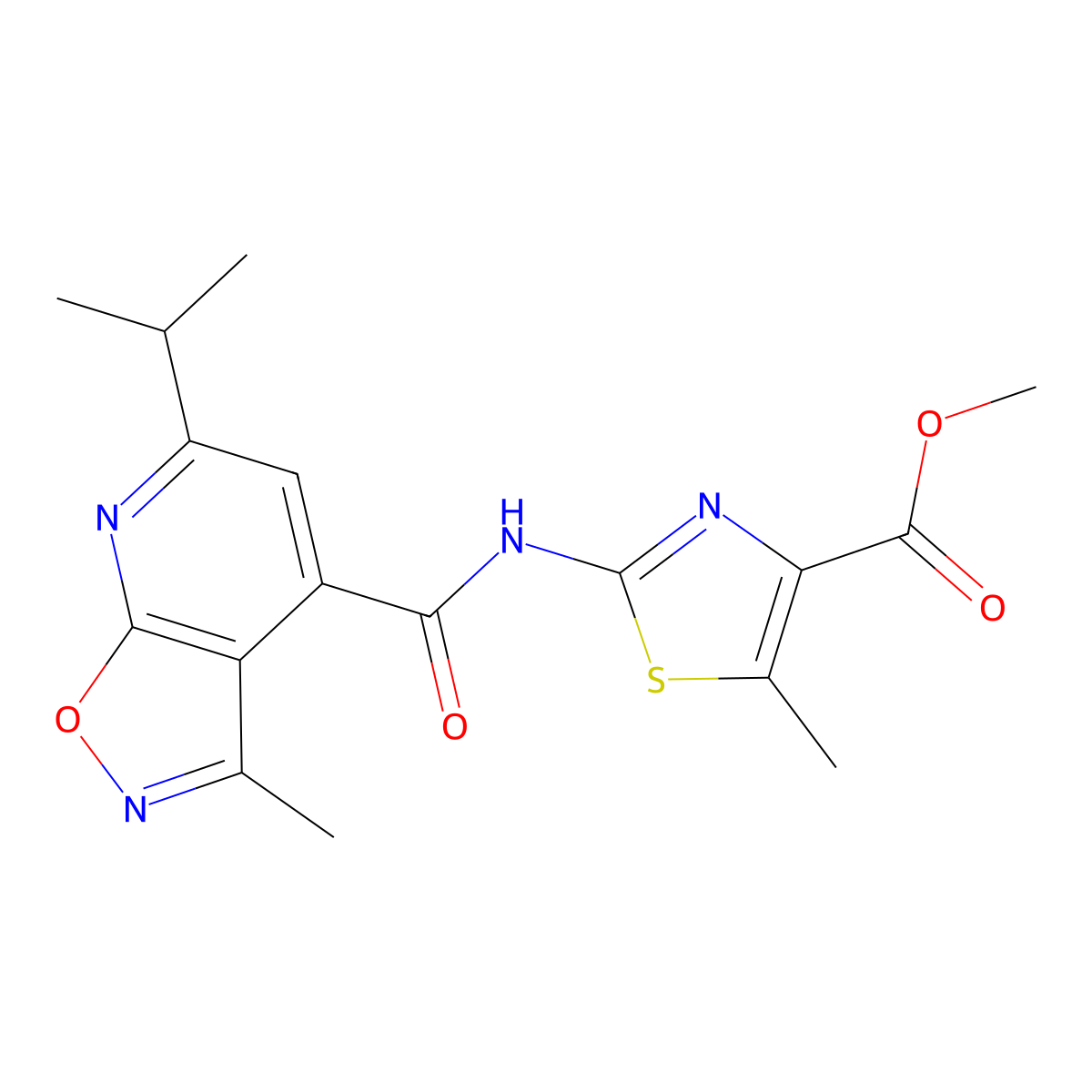 Methyl 5-methyl-2-({[3-methyl-6-(propan-2-yl)[1,2]oxazolo[5,4-b]pyridin-4-yl]carbonyl}amino)-1,3-thiazole-4-carboxylate molecular structure, CAS 1401596-78-8