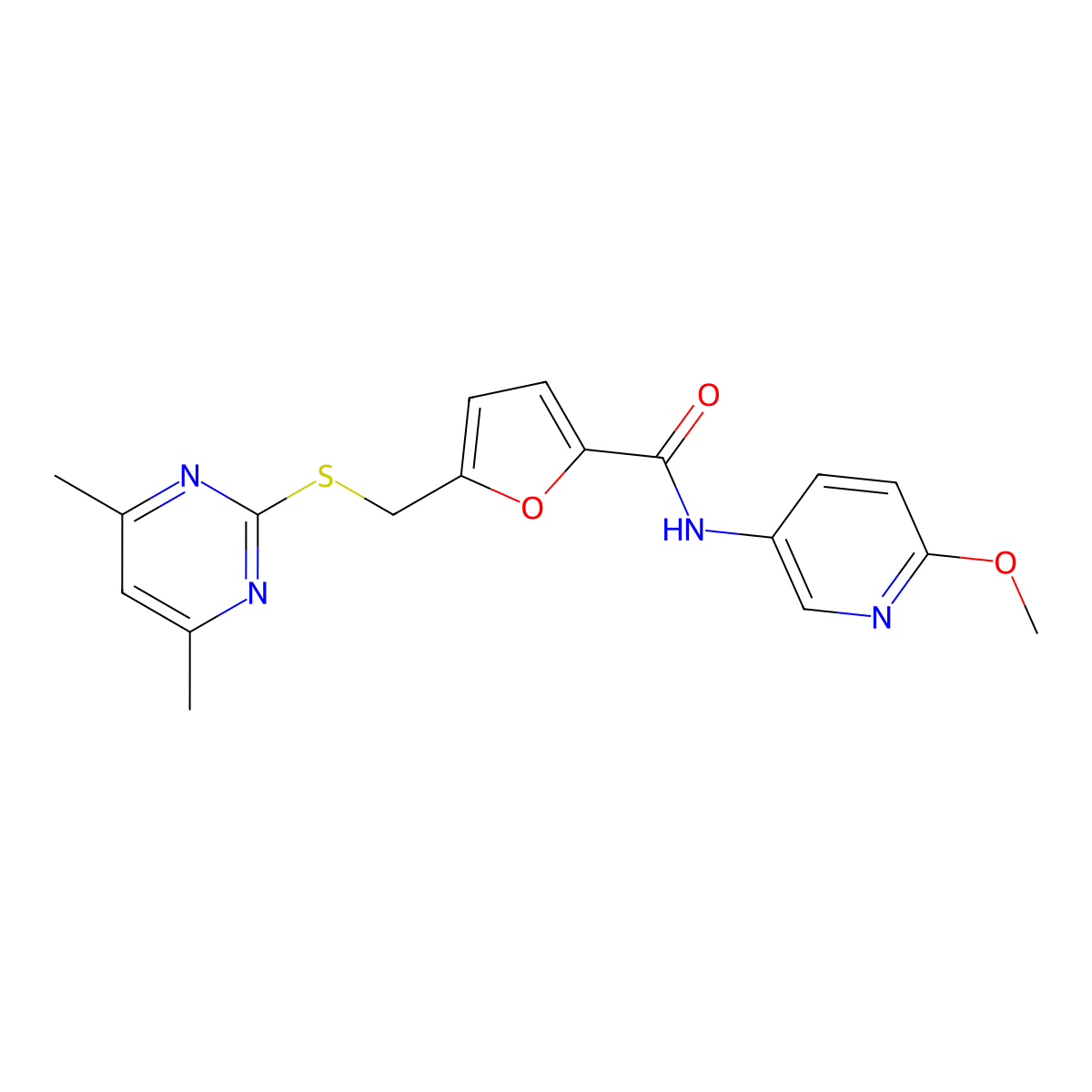 5-{[(4,6-dimethylpyrimidin-2-yl)sulfanyl]methyl}-N-(6-methoxypyridin-3-yl)furan-2-carboxamide molecular structure, CAS 1401596-98-2