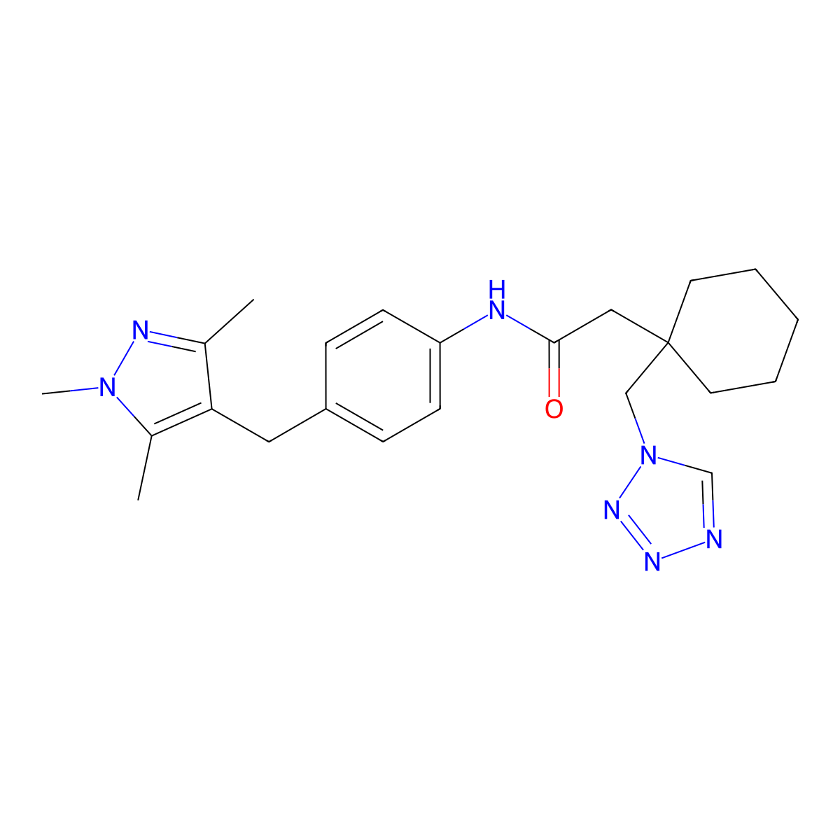 2-[1-(1H-tetrazol-1-ylmethyl)cyclohexyl]-N-{4-[(1,3,5-trimethyl-1H-pyrazol-4-yl)methyl]phenyl}acetamide molecular structure, CAS 1401597-22-5