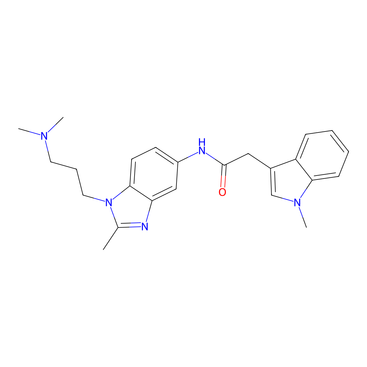 N-{1-[3-(dimethylamino)propyl]-2-methyl-1H-benzimidazol-5-yl}-2-(1-methyl-1H-indol-3-yl)acetamide molecular structure, CAS 1401597-76-9