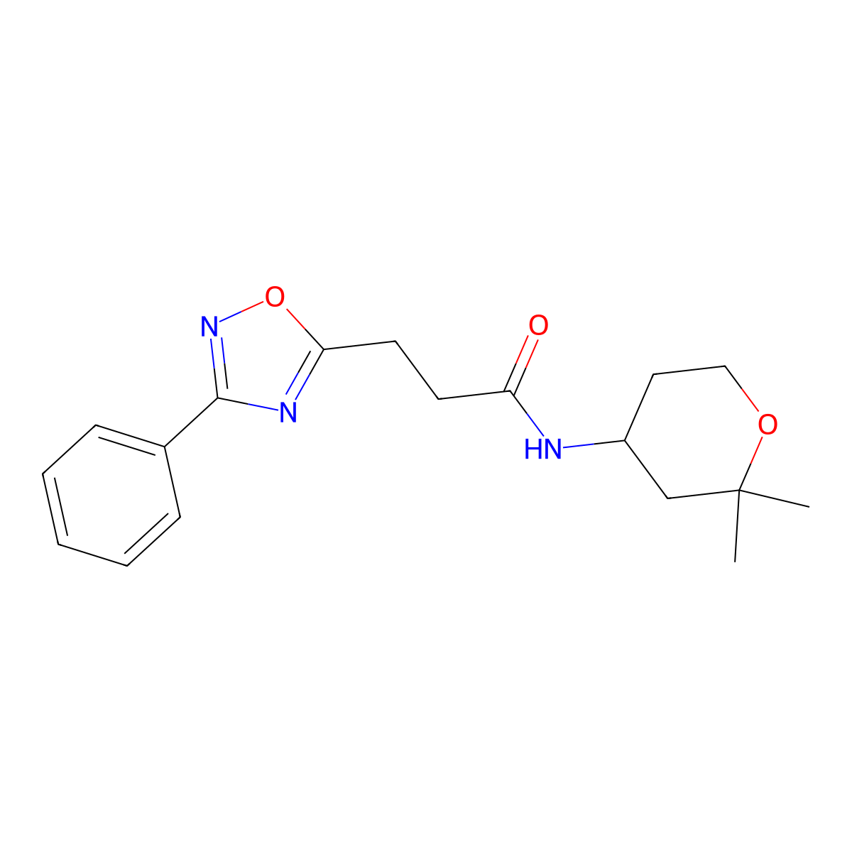 N-(2,2-dimethyltetrahydro-2H-pyran-4-yl)-3-(3-phenyl-1,2,4-oxadiazol-5-yl)propanamide molecular structure, CAS 1401597-79-2