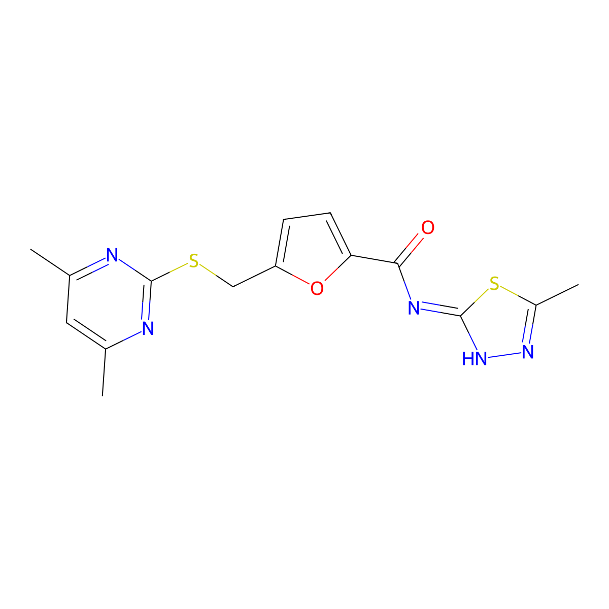 5-(((4,6-dimethylpyrimidin-2-yl)thio)methyl)-N-(5-methyl-1,3,4-thiadiazol-2-yl)furan-2-carboxamide molecular structure, CAS 1401597-87-2