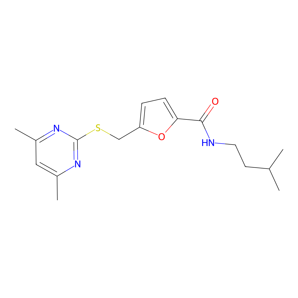5-{[(4,6-dimethylpyrimidin-2-yl)sulfanyl]methyl}-N-(3-methylbutyl)furan-2-carboxamide molecular structure, CAS 1401598-31-9