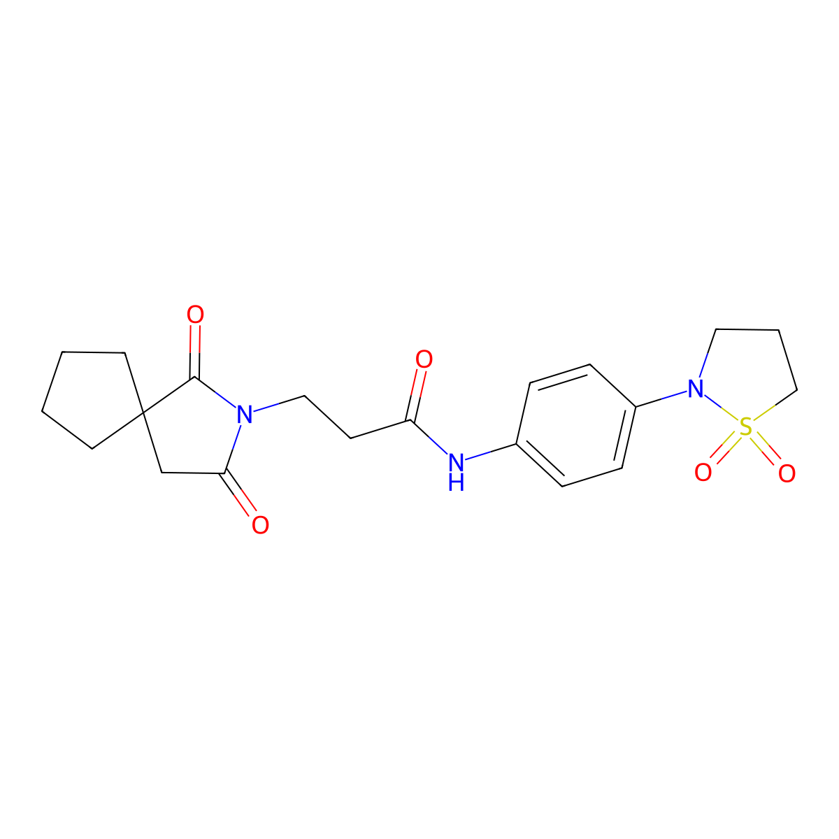N-[4-(1,1-dioxido-1,2-thiazolidin-2-yl)phenyl]-3-(1,3-dioxo-2-azaspiro[4.4]non-2-yl)propanamide molecular structure, CAS 1401598-36-4