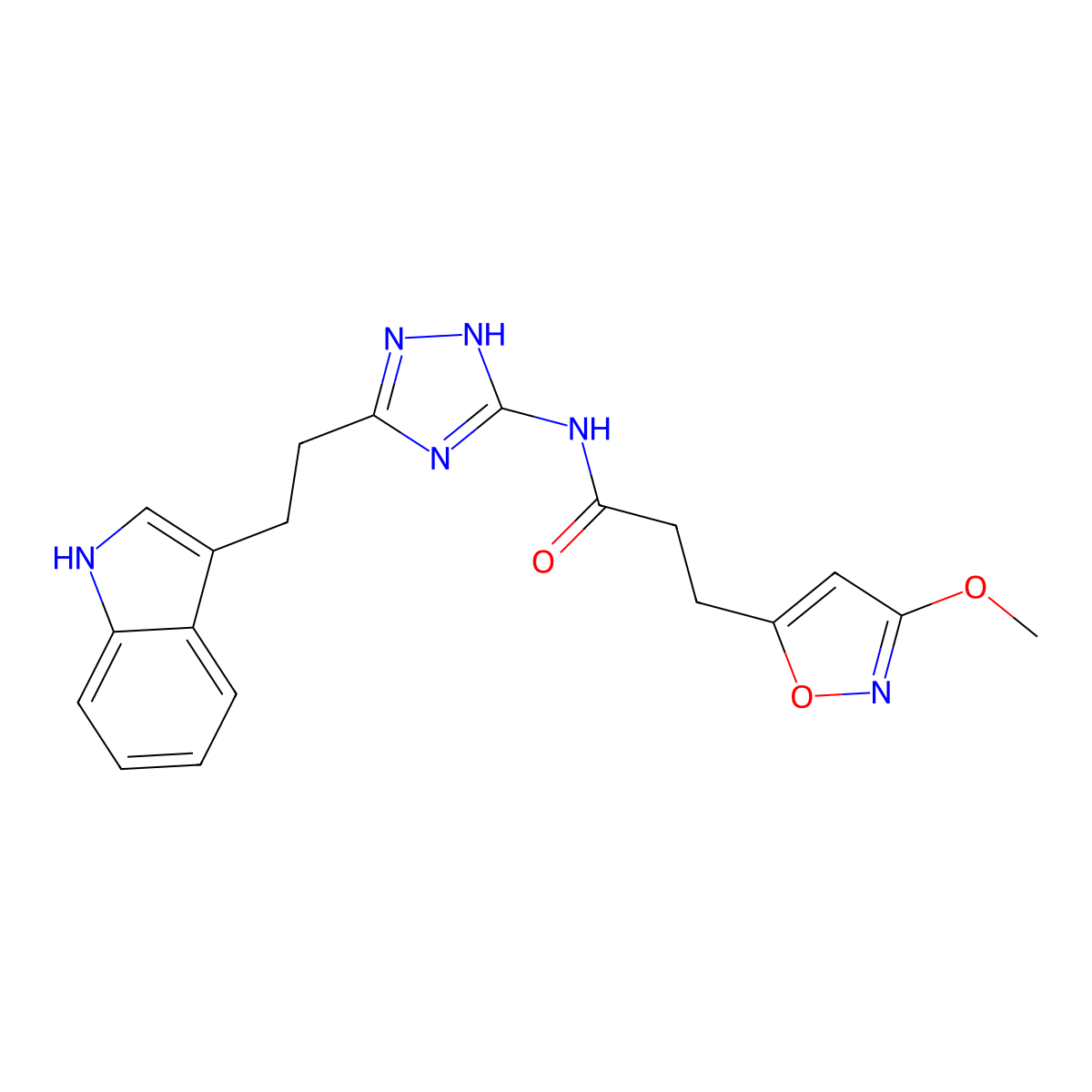 N-{3-[2-(1H-indol-3-yl)ethyl]-1H-1,2,4-triazol-5-yl}-3-(3-methoxy-1,2-oxazol-5-yl)propanamide molecular structure, CAS 1401599-17-4