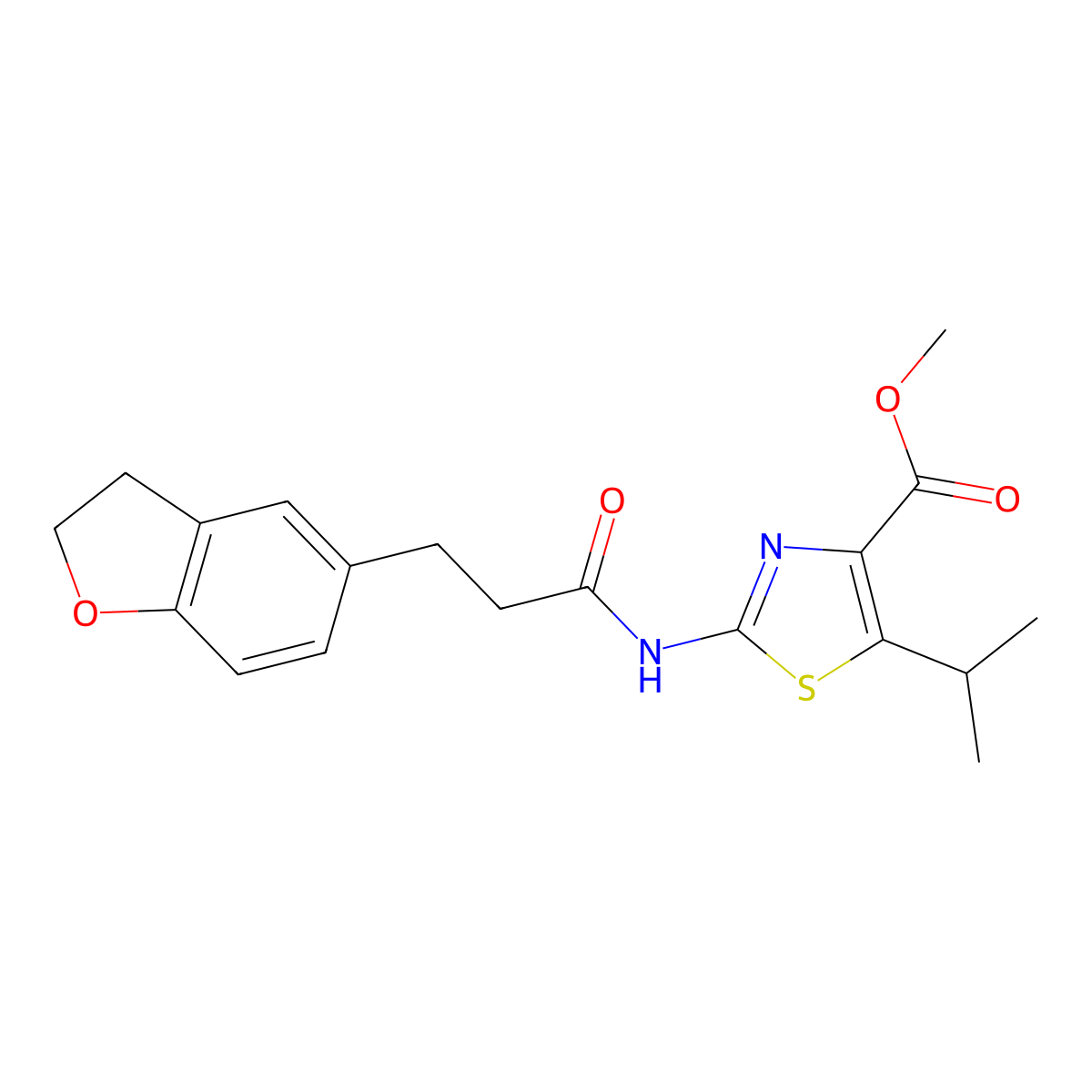 Methyl 2-{[3-(2,3-dihydro-1-benzofuran-5-yl)propanoyl]amino}-5-(propan-2-yl)-1,3-thiazole-4-carboxylate molecular structure, CAS 1401599-39-0