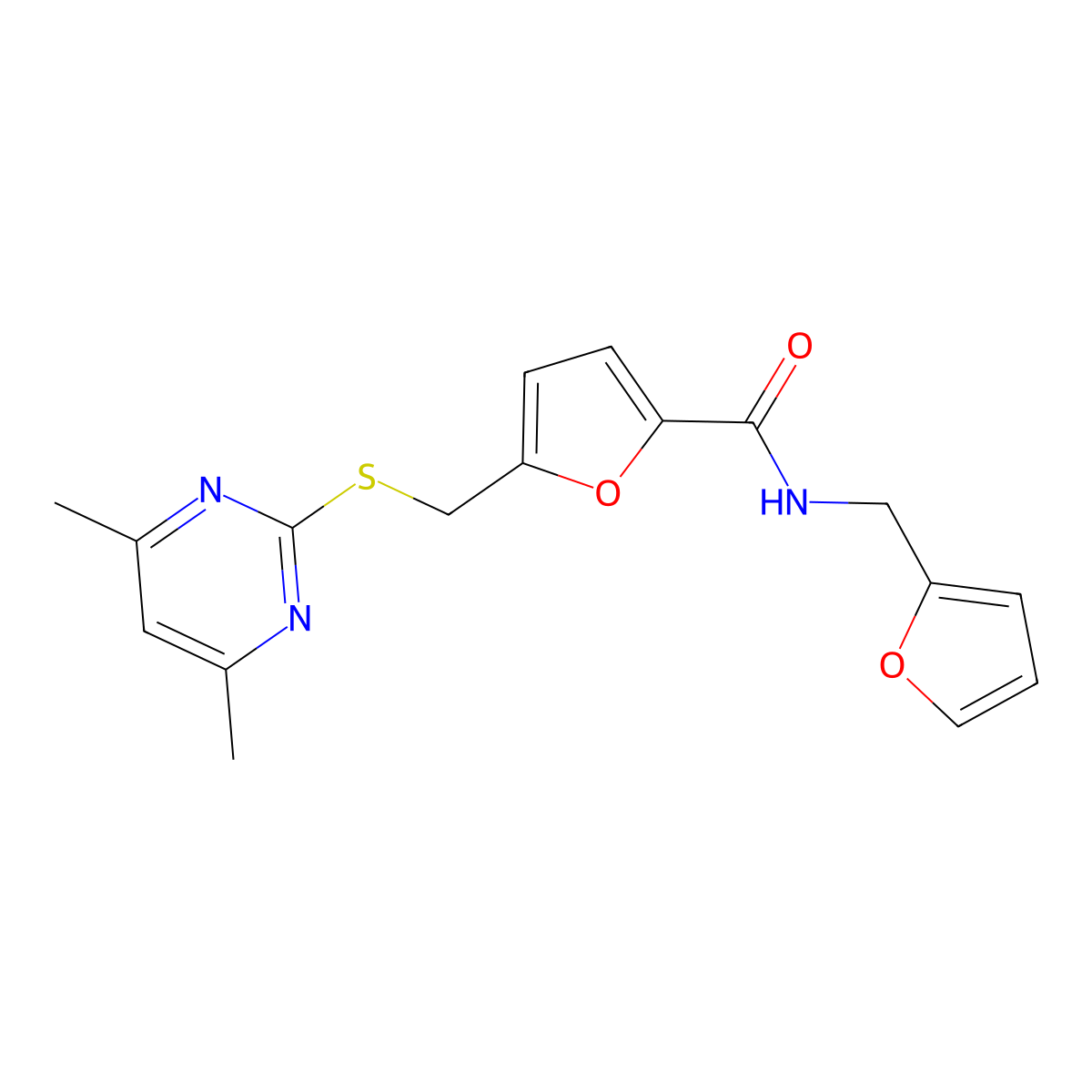 5-{[(4,6-dimethylpyrimidin-2-yl)sulfanyl]methyl}-N-(furan-2-ylmethyl)furan-2-carboxamide molecular structure, CAS 1401599-51-6