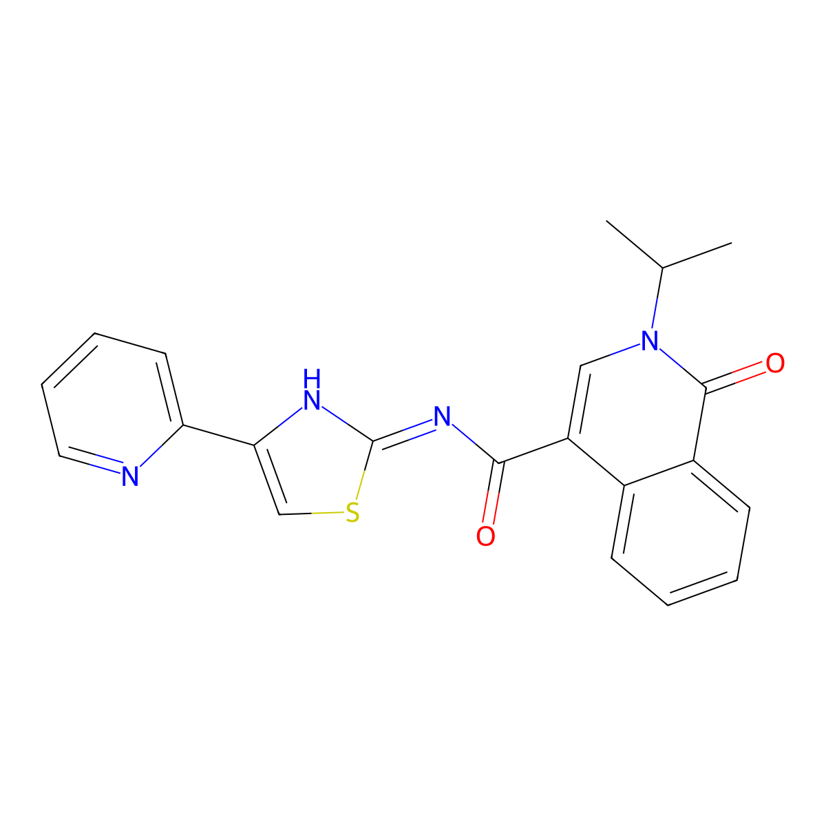 2-isopropyl-1-oxo-N-(4-(pyridin-2-yl)thiazol-2-yl)-1,2-dihydroisoquinoline-4-carboxamide molecular structure, CAS 1401599-68-5
