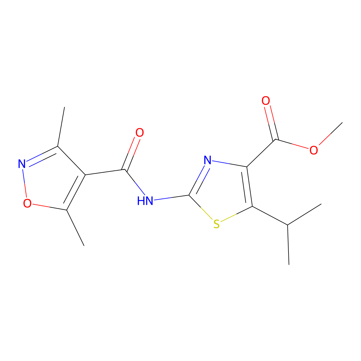 Methyl 2-{[(3,5-dimethyl-4-isoxazolyl)carbonyl]amino}-5-isopropyl-1,3-thiazole-4-carboxylate molecular structure, CAS 1401600-67-6