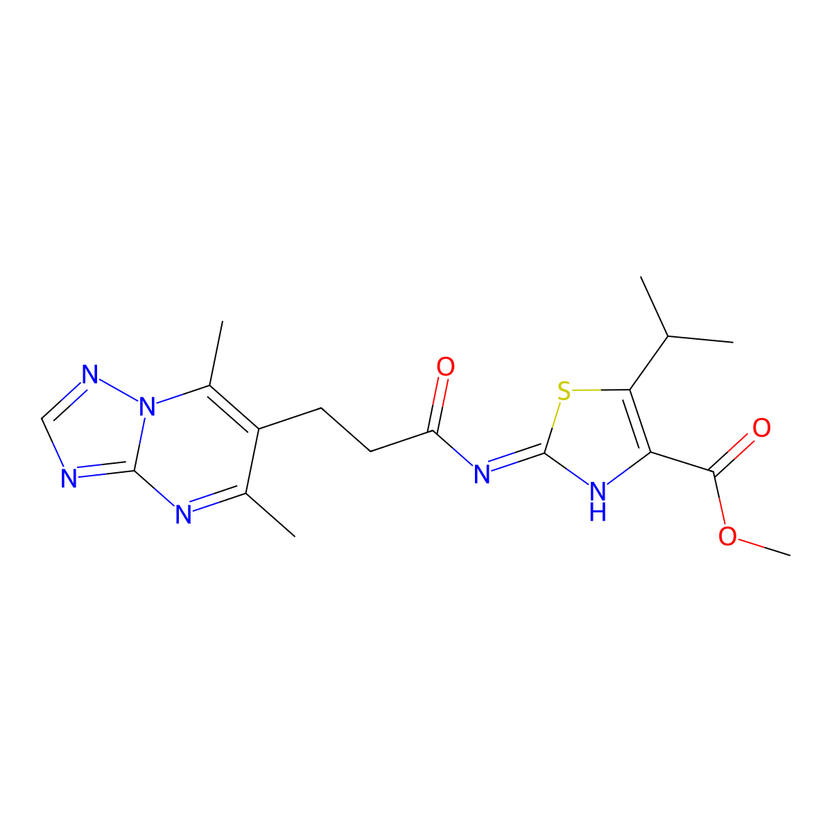 Methyl 2-{[3-(5,7-dimethyl[1,2,4]triazolo[1,5-a]pyrimidin-6-yl)propanoyl]amino}-5-(propan-2-yl)-1,3-thiazole-4-carboxylate molecular structure, CAS 1401600-83-6