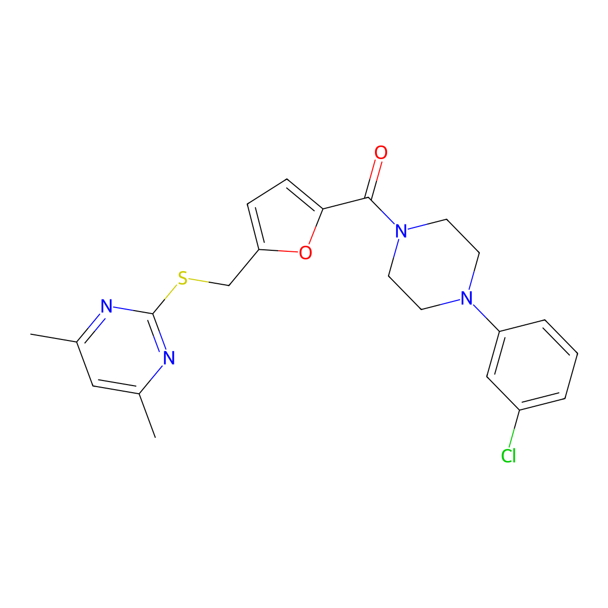 [4-(3-Chlorophenyl)piperazin-1-yl](5-{[(4,6-dimethylpyrimidin-2-yl)sulfanyl]methyl}furan-2-yl)methanone molecular structure, CAS 1401600-91-6