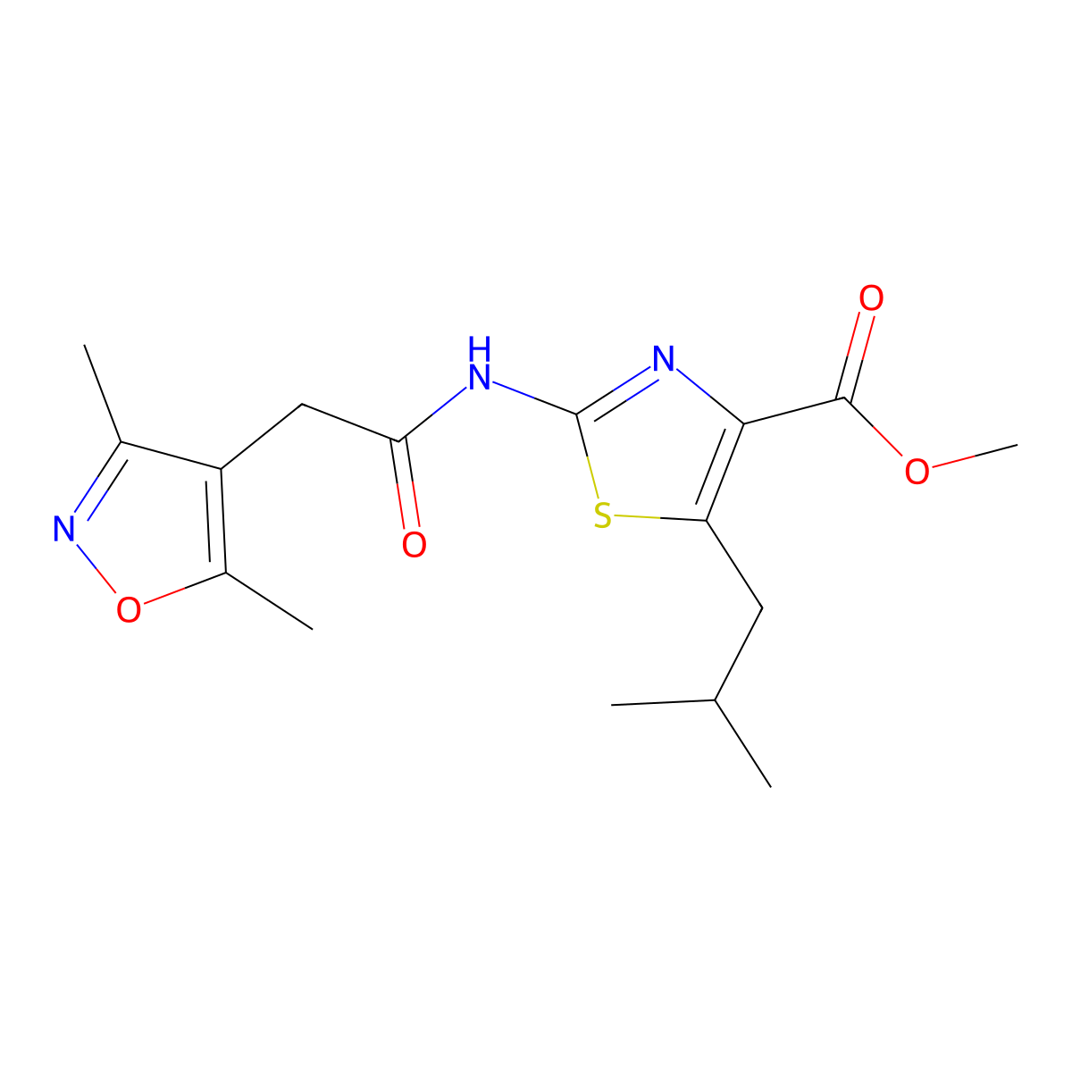 methyl (2E)-2-{[(3,5-dimethyl-1,2-oxazol-4-yl)acetyl]imino}-5-(2-methylpropyl)-2,3-dihydro-1,3-thiazole-4-carboxylate molecular structure, CAS 1401601-22-6