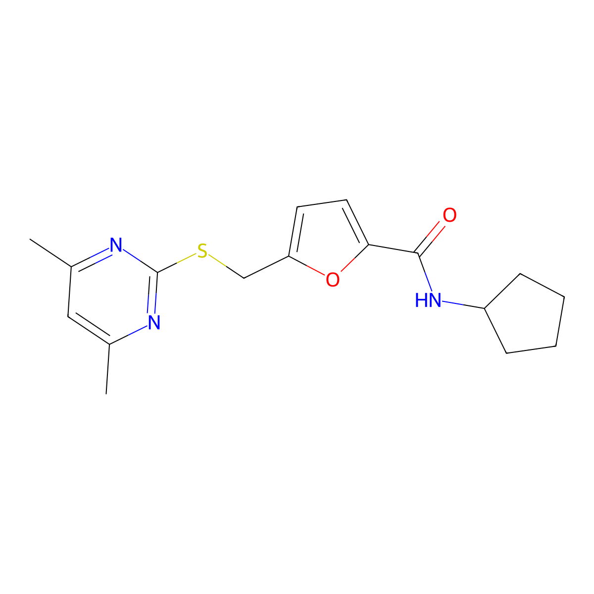 N-cyclopentyl-5-{[(4,6-dimethylpyrimidin-2-yl)sulfanyl]methyl}furan-2-carboxamide molecular structure, CAS 1401601-30-6