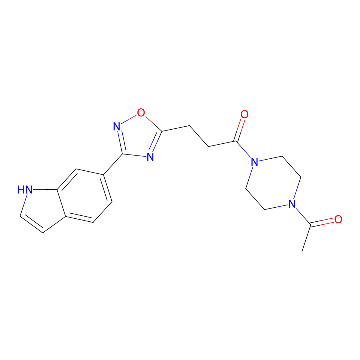 1-(4-acetylpiperazin-1-yl)-3-[3-(1H-indol-6-yl)-1,2,4-oxadiazol-5-yl]propan-1-one molecular structure, CAS 1401601-32-8