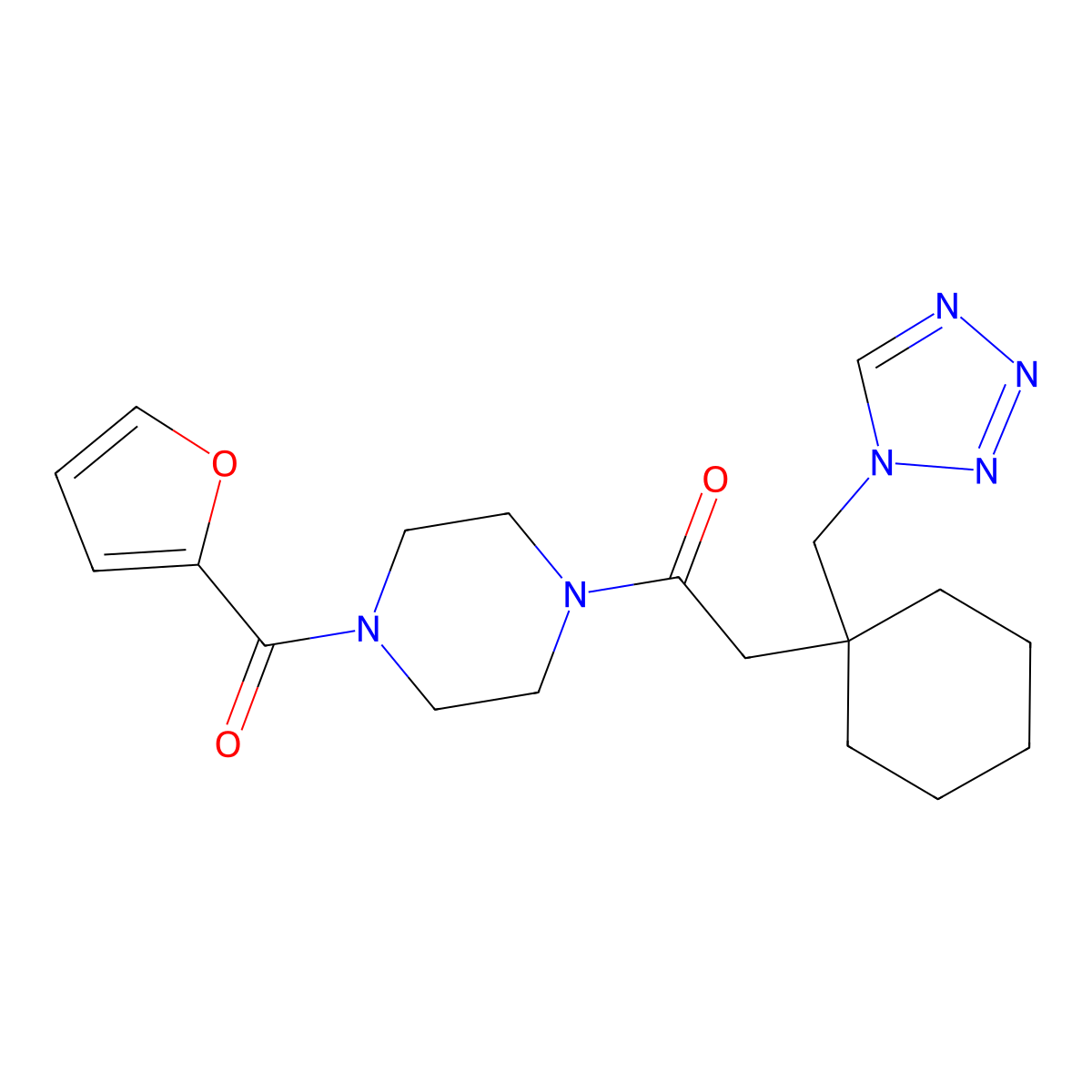 1-[4-(furan-2-ylcarbonyl)piperazin-1-yl]-2-[1-(1H-tetrazol-1-ylmethyl)cyclohexyl]ethanone molecular structure, CAS 1401602-04-7