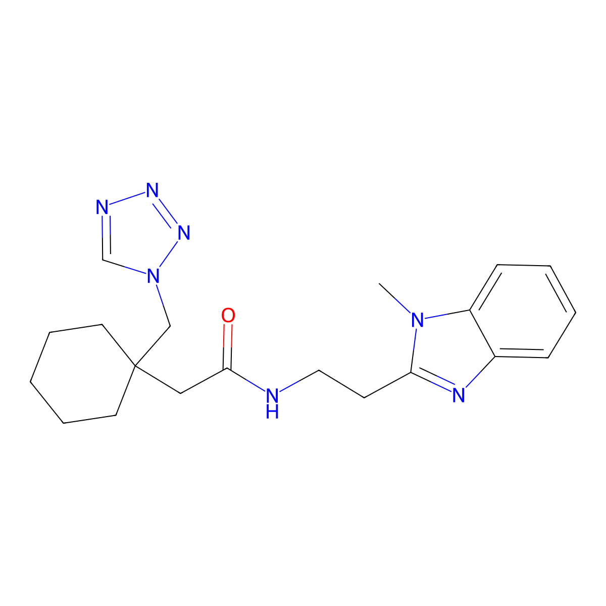 N-[2-(1-methyl-1H-1,3-benzimidazol-2-yl)ethyl]-2-[1-(1H-1,2,3,4-tetraazol-1-ylmethyl)cyclohexyl]acetamide molecular structure, CAS 1401602-16-1