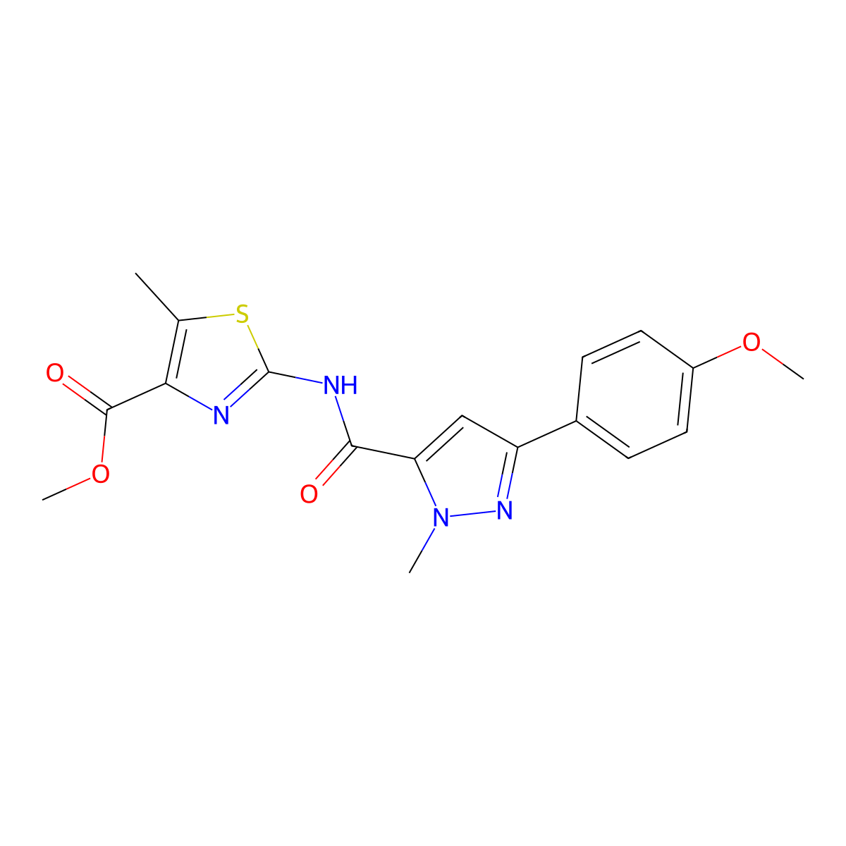 methyl 2-({[3-(4-methoxyphenyl)-1-methyl-1H-pyrazol-5-yl]carbonyl}amino)-5-methyl-1,3-thiazole-4-carboxylate molecular structure, CAS 1401602-58-1