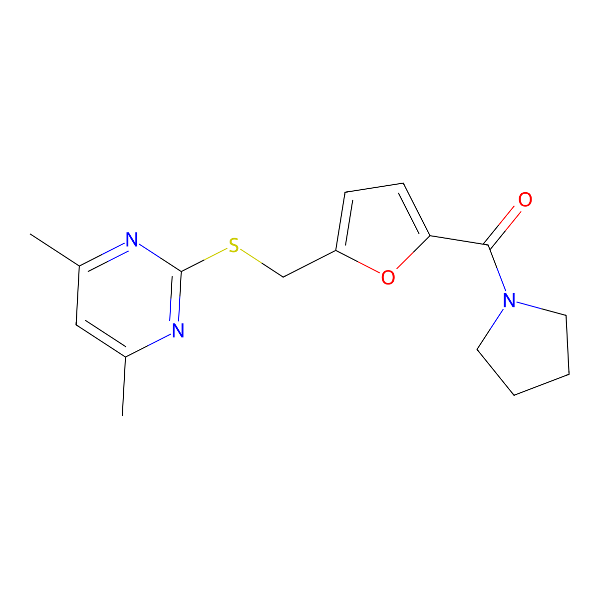 (5-{[(4,6-Dimethylpyrimidin-2-yl)sulfanyl]methyl}furan-2-yl)(pyrrolidin-1-yl)methanone molecular structure, CAS 1401603-25-5
