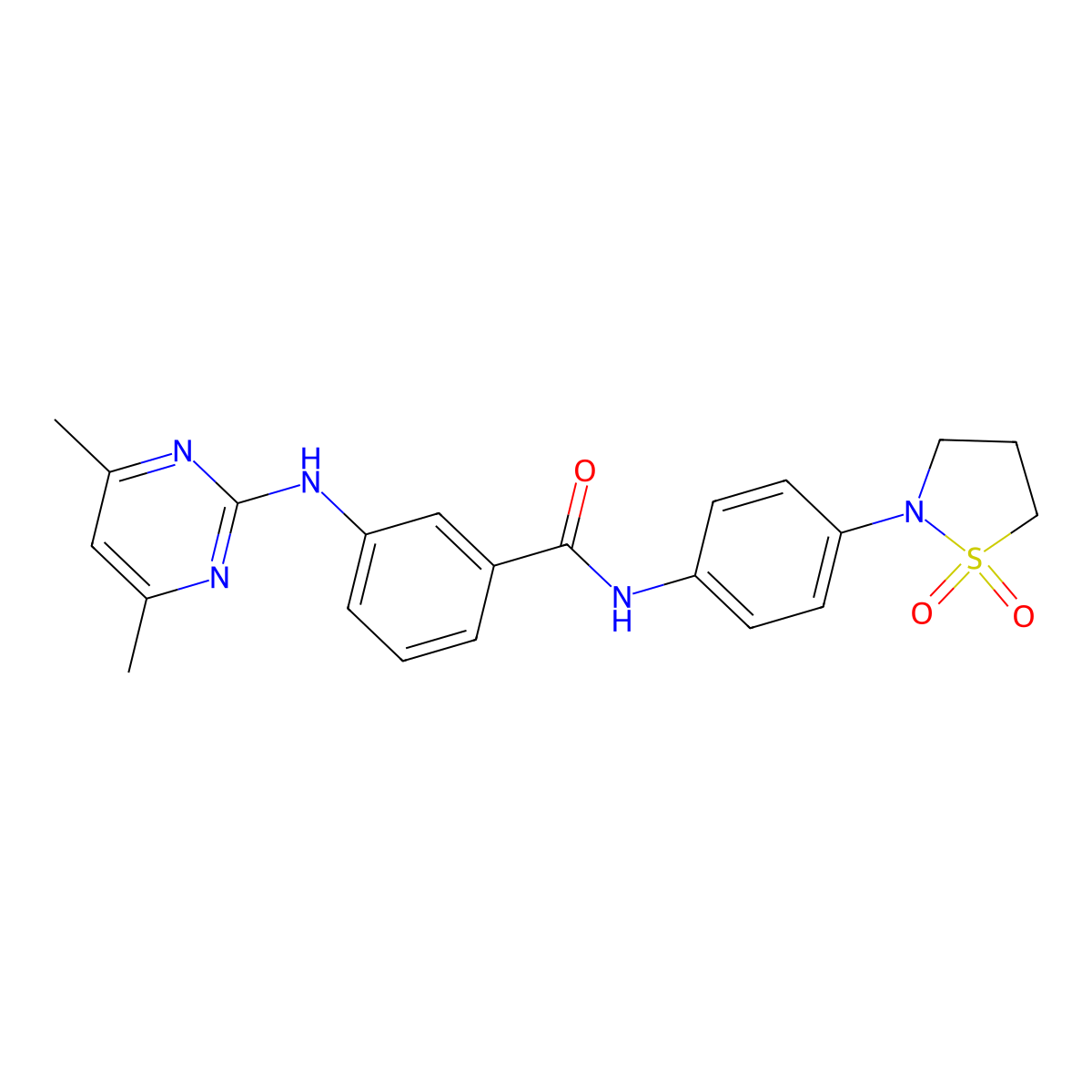 3-((4,6-dimethylpyrimidin-2-yl)amino)-N-(4-(1,1-dioxidoisothiazolidin-2-yl)phenyl)benzamide molecular structure, CAS 1401603-28-8