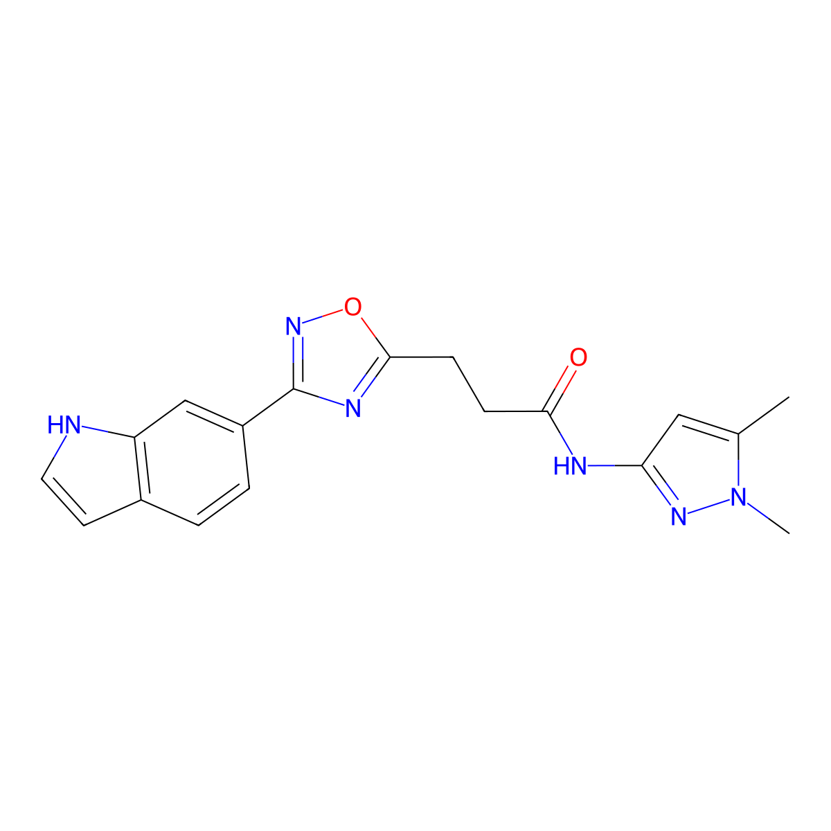 N-(1,5-dimethyl-1H-pyrazol-3-yl)-3-[3-(1H-indol-6-yl)-1,2,4-oxadiazol-5-yl]propanamide molecular structure, CAS 1401603-53-9
