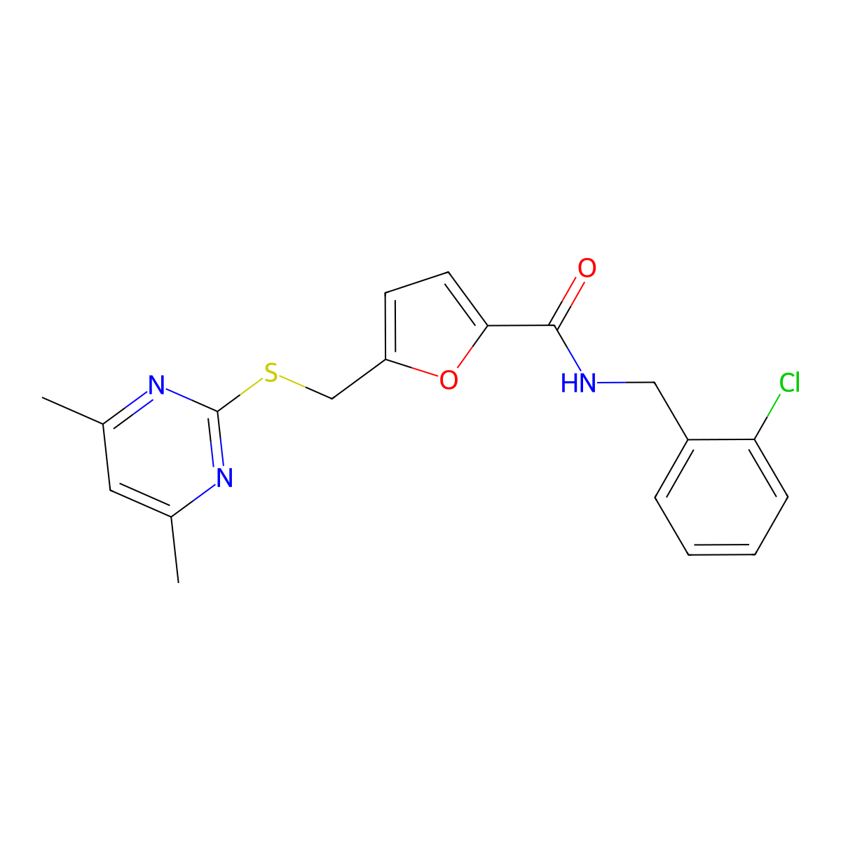 N-(2-chlorobenzyl)-5-{[(4,6-dimethylpyrimidin-2-yl)sulfanyl]methyl}furan-2-carboxamide molecular structure, CAS 1401604-02-1