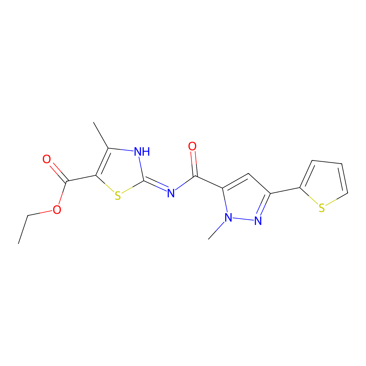 ethyl 4-methyl-2-({[1-methyl-3-(thiophen-2-yl)-1H-pyrazol-5-yl]carbonyl}amino)-1,3-thiazole-5-carboxylate molecular structure, CAS 1401605-08-0