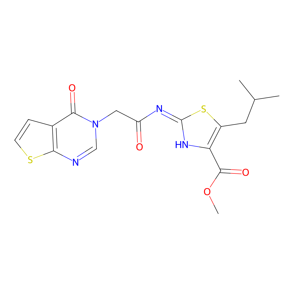 methyl (2E)-5-(2-methylpropyl)-2-{[(4-oxothieno[2,3-d]pyrimidin-3(4H)-yl)acetyl]imino}-2,3-dihydro-1,3-thiazole-4-carboxylate molecular structure, CAS 1401605-16-0