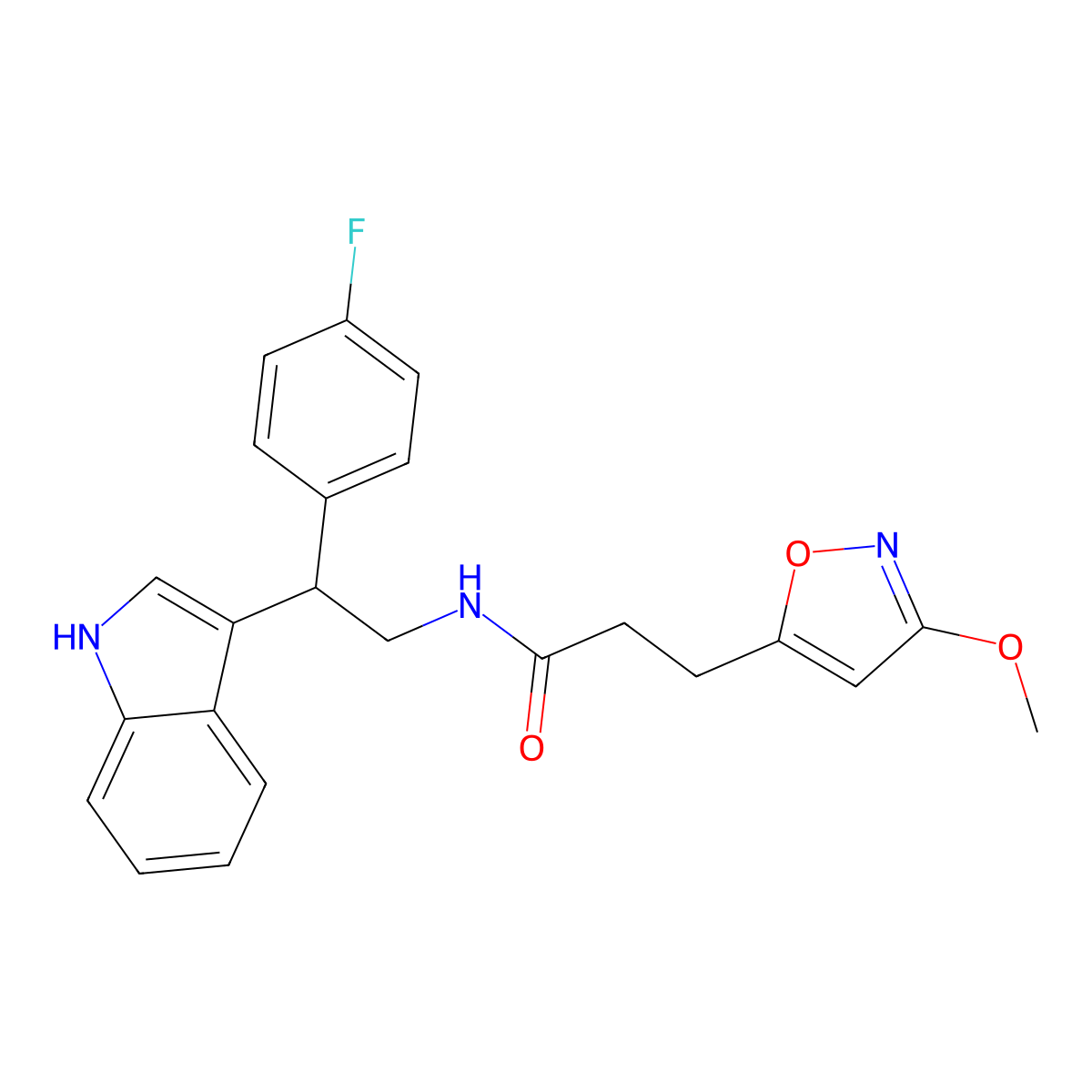 N-[2-(4-fluorophenyl)-2-(1H-indol-3-yl)ethyl]-3-(3-methoxy-1,2-oxazol-5-yl)propanamide molecular structure, CAS 1401605-47-7