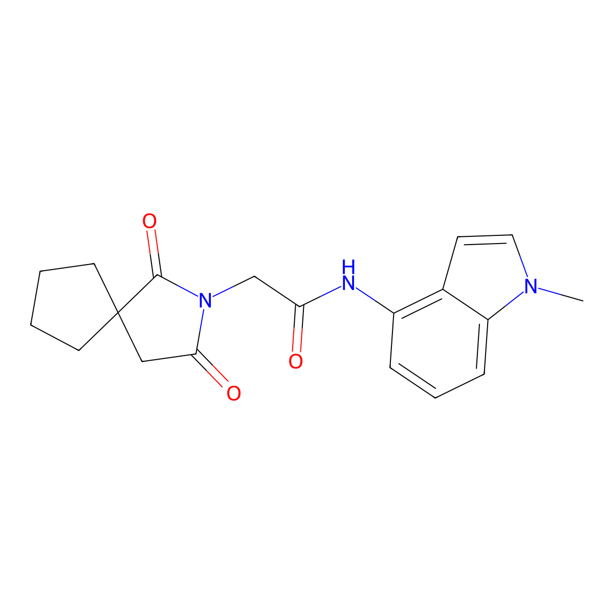 2-(1,3-dioxo-2-azaspiro[4.4]non-2-yl)-N-(1-methyl-1H-indol-4-yl)acetamide molecular structure, CAS 1401605-84-2
