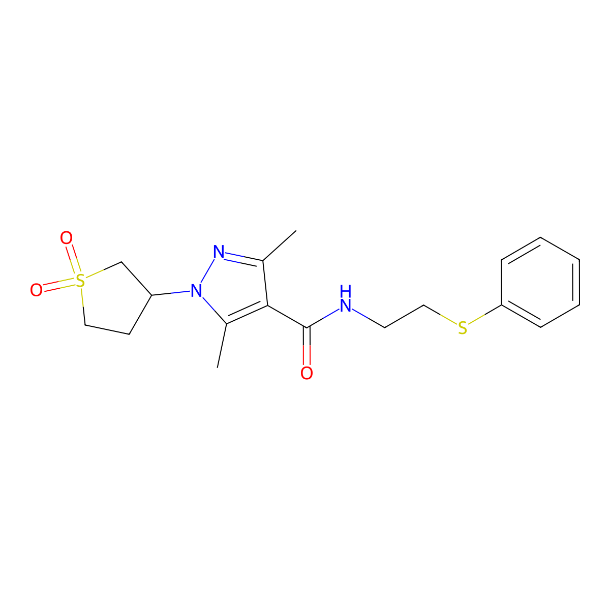 1-(1,1-dioxidotetrahydrothiophen-3-yl)-3,5-dimethyl-N-[2-(phenylsulfanyl)ethyl]-1H-pyrazole-4-carboxamide molecular structure, CAS 1401605-99-9