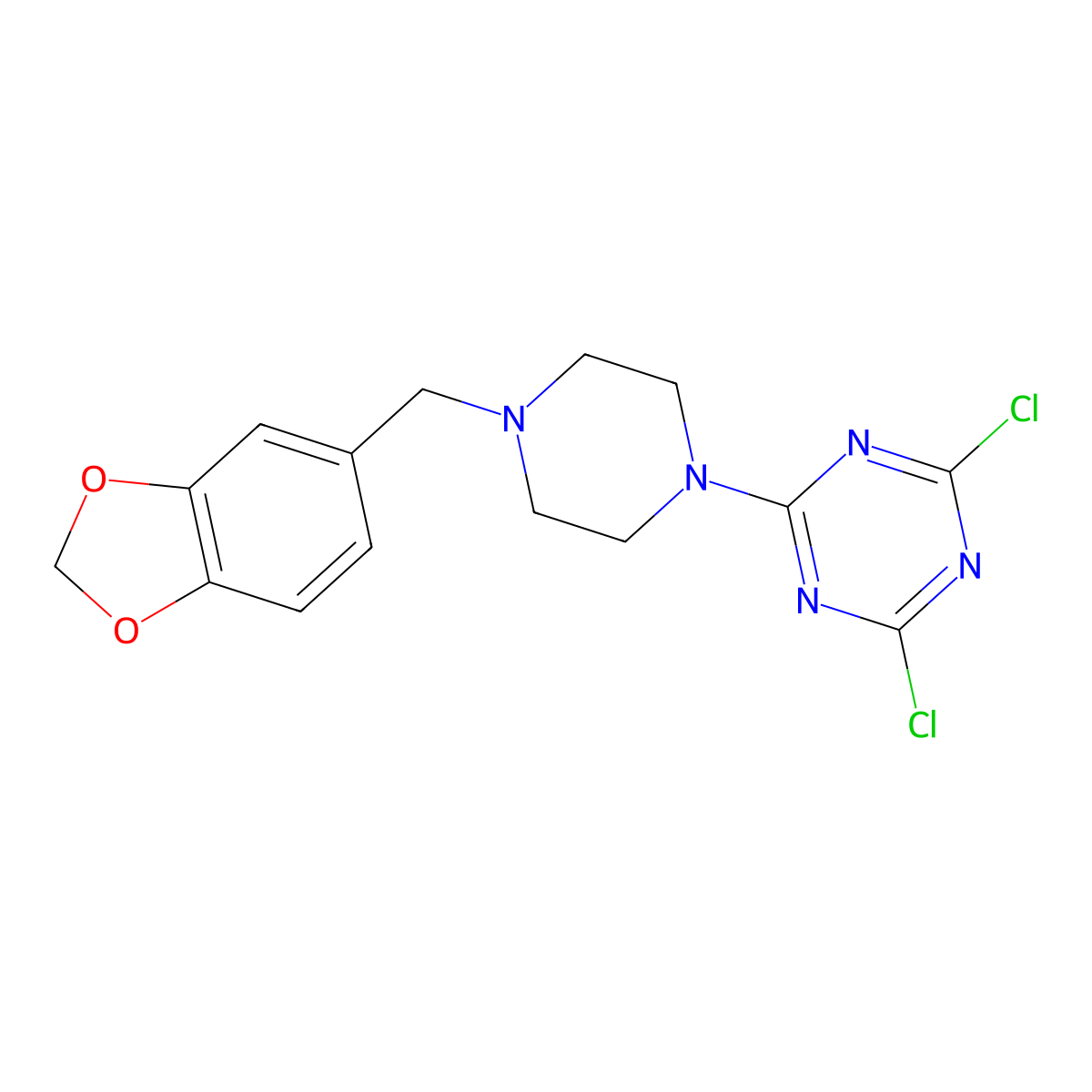 2-{4-[(2H-1,3-benzodioxol-5-yl)methyl]piperazin-1-yl}-4,6-dichloro-1,3,5-triazine molecular structure, CAS 1401606-48-1