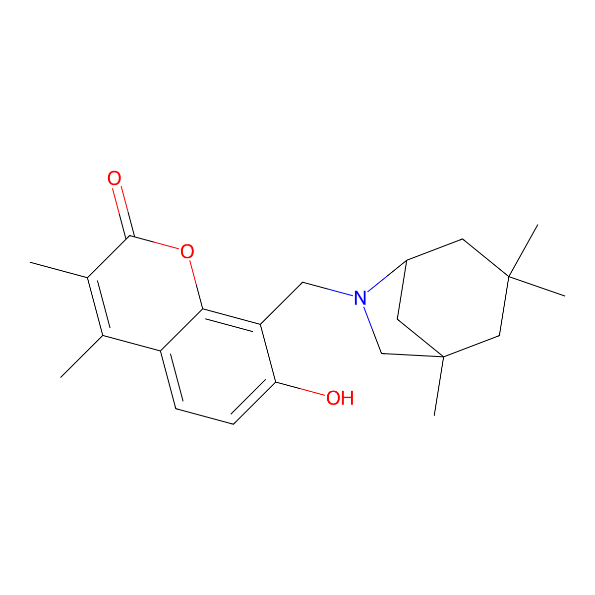 7-hydroxy-3,4-dimethyl-8-[(1,3,3-trimethyl-6-azabicyclo[3.2.1]oct-6-yl)methyl]-2H-chromen-2-one molecular structure, CAS 1401622-16-9