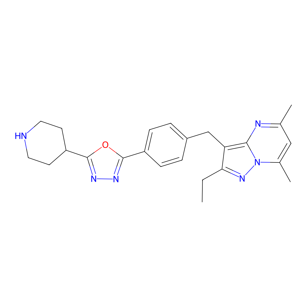 2-(4-((2-Ethyl-5,7-dimethylpyrazolo(1,5-a)pyrimidin-3-yl)methyl)phenyl)-5-(piperidin-4-yl)-1,3,4-oxadiazole molecular structure, CAS 1401728-56-0