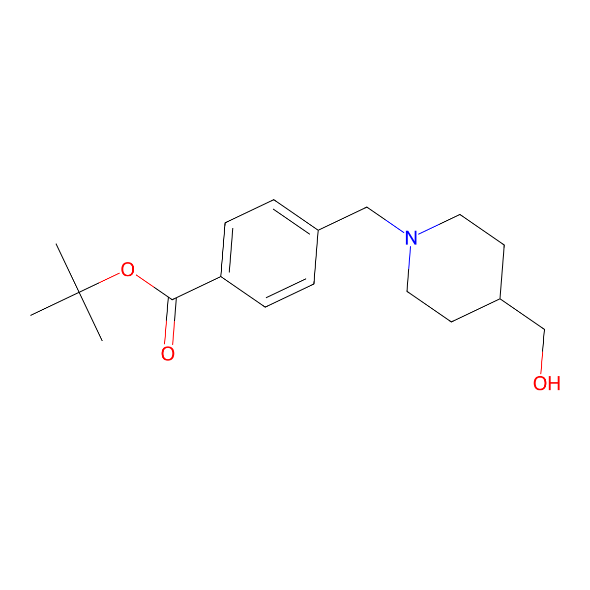 tert-Butyl 4-((4-(hydroxymethyl)piperidin-1-yl)methyl)benzoate molecular structure, CAS 1401966-70-8