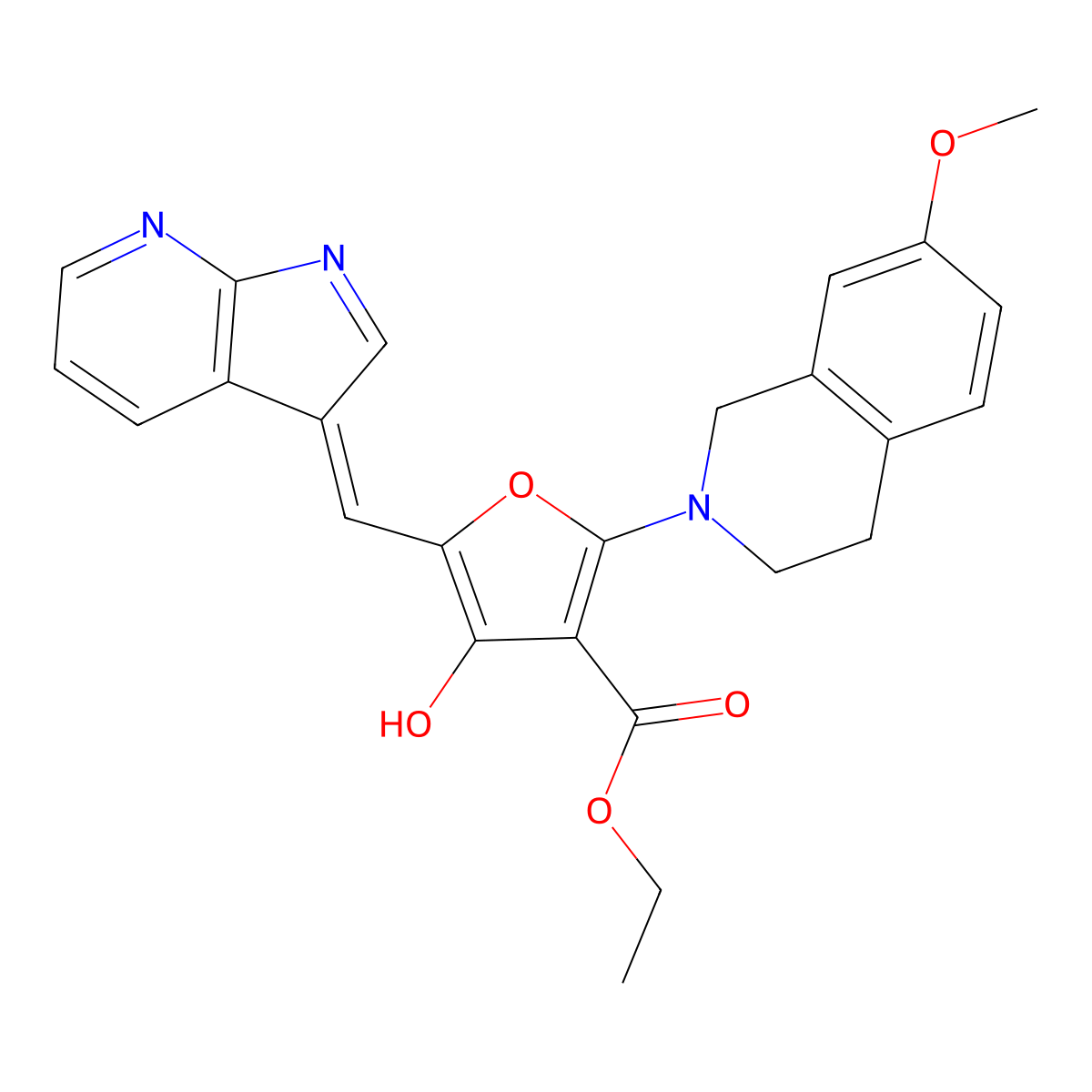 Ethyl 5-((1H-pyrrolo[2,3-b]pyridin-3-yl)methylene)-2-(7-methoxy-3,4-dihydroisoquinolin-2(1H)-yl)-4-oxo-4,5-dihydrofuran-3-carboxylate molecular structure, CAS 1402057-86-6