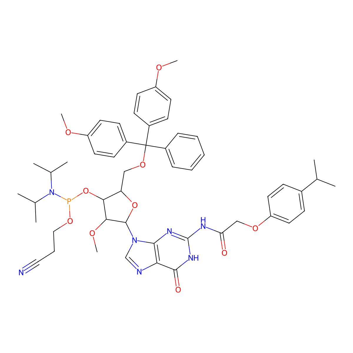 (2R,3R,4R,5R)-2-((Bis(4-methoxyphenyl)(phenyl)methoxy)methyl)-5-(2-(2-(4-isopropylphenoxy)acetamido)-6-oxo-3,6-dihydro-9H-purin-9-yl)-4-methoxytetrahydrofuran-3-yl (2-cyanoethyl) diisopropylphosphoramidite molecular structure, CAS 1402072-31-4