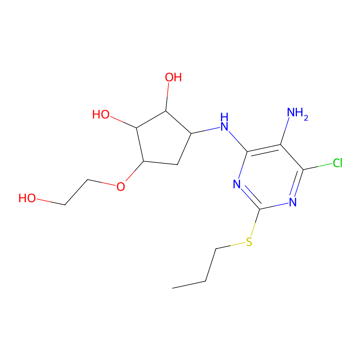 (1S,2S,3R,5S)-3-((5-amino-6-chloro-2-(propylthio)pyrimidin-4-yl)amino)-5-(2-hydroxyethoxy)cyclopentane-1,2-diol molecular structure, CAS 1402150-32-6