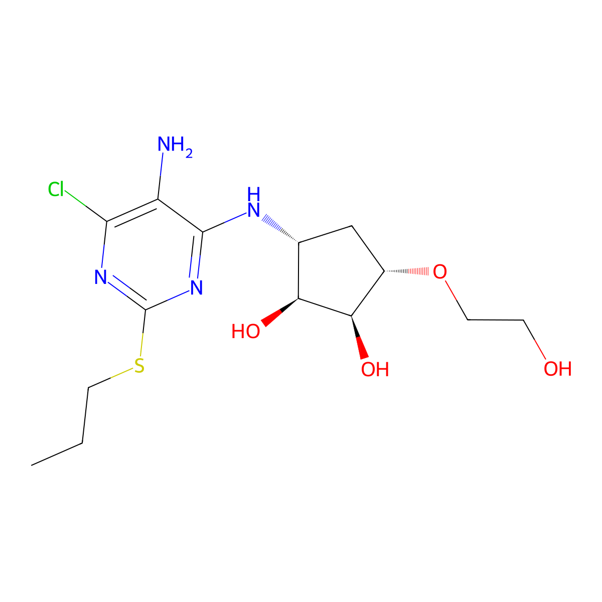 (1S,2S,3R,5S)-3-((5-amino-6-chloro-2-(propylthio)pyrimidin-4-yl)amino)-5-(2-hydroxyethoxy)cyclopentane-1,2-diol molecular structure, CAS 1402150-32-6