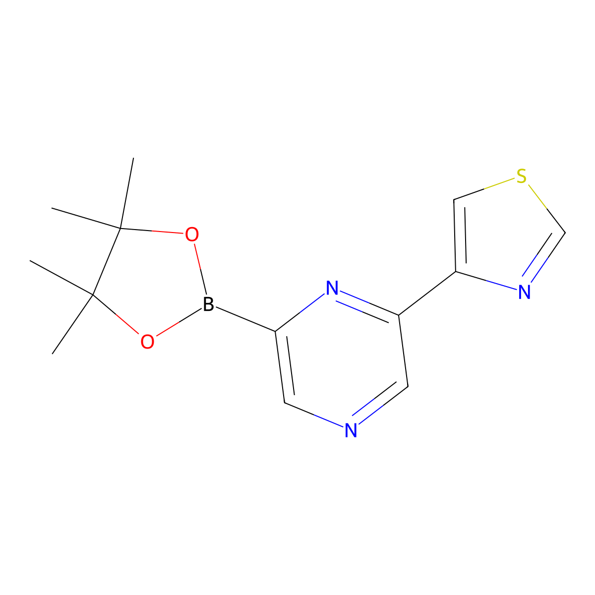 4-(6-(4,4,5,5-Tetramethyl-1,3,2-dioxaborolan-2-yl)pyrazin-2-yl)thiazole molecular structure, CAS 1402166-18-0